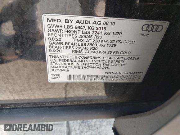 2019 Audi Q7 Premium Plus with VIN WA1LAAF72KD046925, listed as a IAAI auction lot 42023865 with 114,138 mi miles and . Bid and sale history available at DreamBid. Image 9.