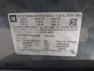 2013 Cadillac SRX Performance Collection with VIN 3GYFNDE38DS598028, listed as a IAAI auction lot 41452362 with 201,261 mi miles and . Bid and sale history available at DreamBid. Image 9.