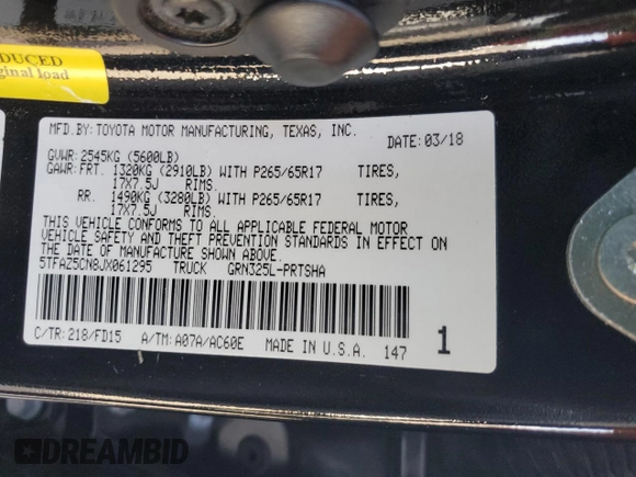 2018 Toyota Tacoma SR5 with VIN 5TFAZ5CN8JX061295, listed as a Copart auction lot 49313485 with 42,825 mi miles and Clean Title. Bid and sale history available at DreamBid. Image 12.