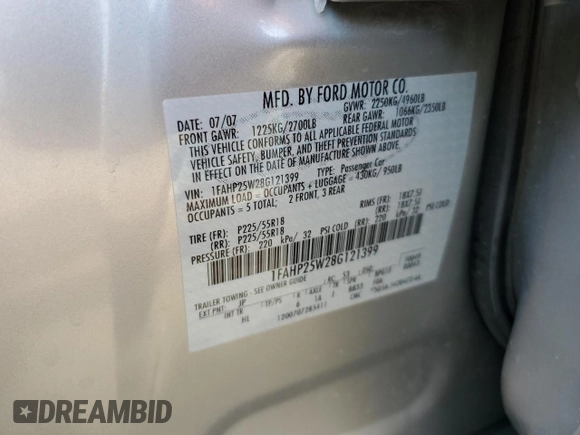 2008 Ford Taurus Limited with VIN 1FAHP25W28G121399, listed as a Copart auction lot 53469565 with 160,764 mi miles and Salvage title. Bid and sale history available at DreamBid. Image 12.