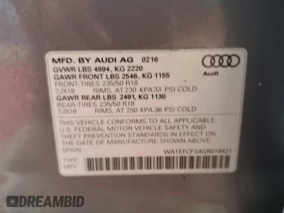 2016 Audi Q3 Premium Plus with VIN WA1EFCFS4GR018421, listed as a Copart auction lot 59670615 with 96,763 mi miles and Salvage title. Bid and sale history available at DreamBid. Image 13.