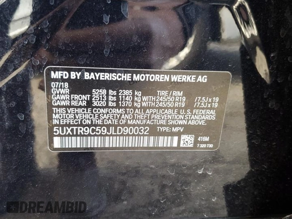2018 BMW X3 xDrive30i with VIN 5UXTR9C59JLD90032, listed as a Copart auction lot 86059584 with 44,580 mi miles and Salvage Title. Bid and sale history available at carsss.com. Image 14.