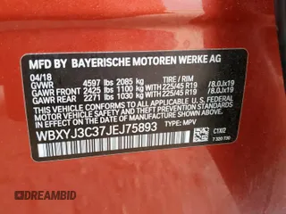 2018 BMW X2 sDrive28i with VIN WBXYJ3C37JEJ75893, listed as a Copart auction lot 62513565 with 62,029 mi miles and Salvage title. Bid and sale history available at DreamBid. Image 12.