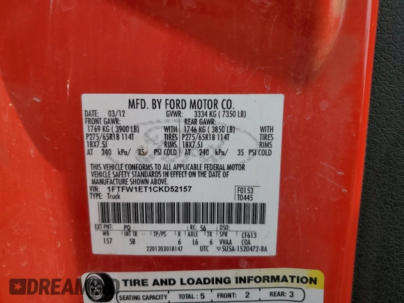2012 Ford F-150 XL with VIN 1FTFW1ET1CKD52157, listed as a Copart auction lot 47454515 with 164,000 mi miles and Salvage title. Bid and sale history available at DreamBid. Image 14.