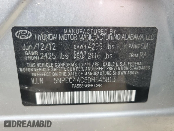 2013 Hyundai Sonata Limited with VIN 5NPEC4AC5DH545813, listed as a Copart auction lot 50504615 with 83,950 mi miles and Salvage Title. Bid and sale history available at DreamBid. Image 15.