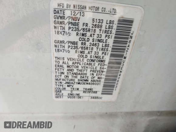 2014 Nissan Murano SV with VIN JN8AZ1MU3EW408031, listed as a IAAI auction lot 42060701 with 160,485 mi miles and . Bid and sale history available at carsss.com. Image 9.