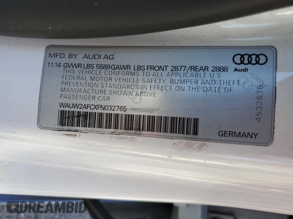 2015 Audi S7 z VIN WAUW2AFCXFN032765, wystawiony jako Copart lot #56916125 z przebiegiem 91 610 mil mil oraz Szkoda całkowita • Salvage title. Historia ofert i sprzedaży dostępna na DreamBid. Obrazek 12.