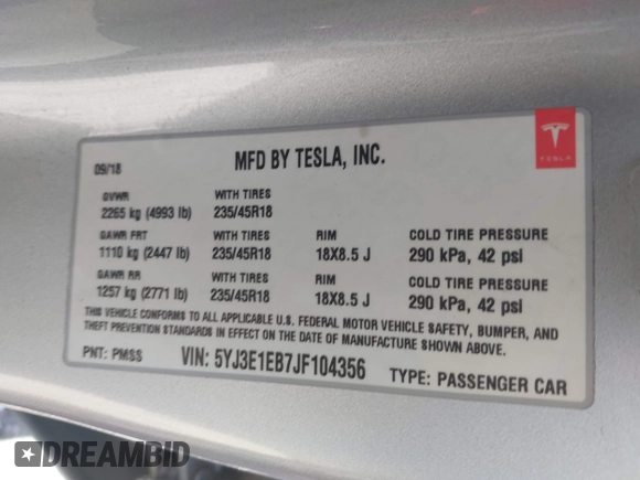 2018 Tesla Model 3 Long Range Battery with VIN 5YJ3E1EB7JF104356, listed as a IAAI auction lot 41936961 with 90,932 mi miles and . Bid and sale history available at DreamBid. Image 9.