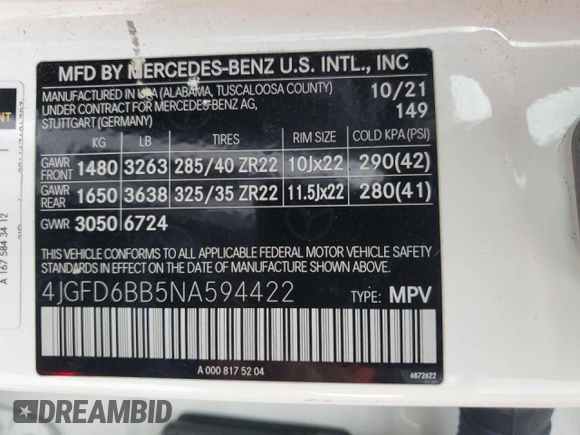 2022 Mercedes-Benz GLE 53 AMG with VIN 4JGFD6BB5NA594422, listed as a Copart auction lot 52008115 with 63,369 mi miles and Salvage title. Bid and sale history available at DreamBid. Image 13.