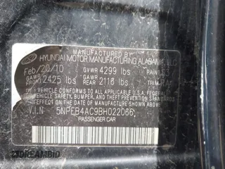 2011 Hyundai Sonata GLS with VIN 5NPEB4AC9BH022066, listed as a IAAI auction lot 41953818 with 185,249 mi miles and . Bid and sale history available at carsss.com. Image 9.