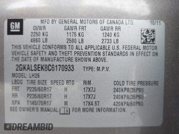 2012 GMC Terrain SLE-2 with VIN 2GKALSEK8C6170933, listed as a IAAI auction lot 41876266 with 189,620 mi miles and . Bid and sale history available at DreamBid. Image 9.