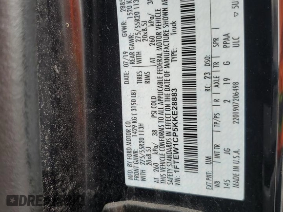 2019 Ford F-150 XL with VIN 1FTEW1CP5KKE28883, listed as a Copart auction lot 54195765 with Not Provided miles and Non Repairable. Bid and sale history available at carsss.com. Image 12.