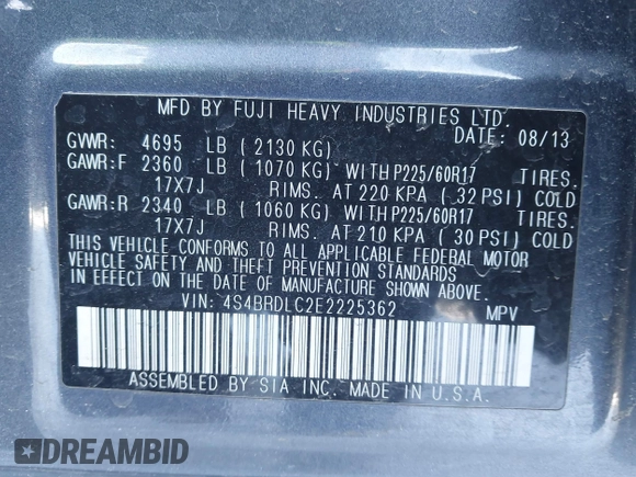 2014 Subaru Outback Limited with VIN 4S4BRDLC2E2225362, listed as a IAAI auction lot 41589075 with 121,591 mi miles and . Bid and sale history available at DreamBid. Image 9.