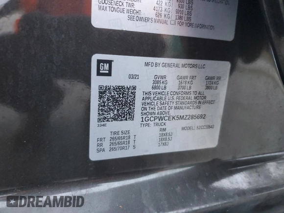 2021 Chevrolet Silverado 1500 LT with VIN 1GCPWCEK5MZ285692, listed as a Copart auction lot 51211175 with 97,733 mi miles and Non Repairable. Bid and sale history available at DreamBid. Image 14.