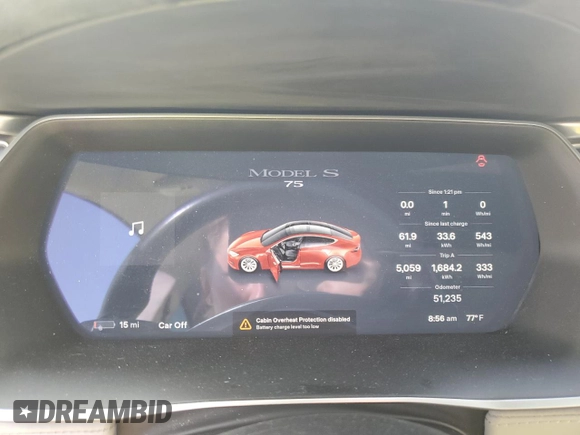 2016 Tesla Model S 70 with VIN 5YJSA1E1XGF153509, listed as a Copart auction lot 65047634 with 51,235 mi miles and Salvage Title. Bid and sale history available at carsss.com. Image 9.
