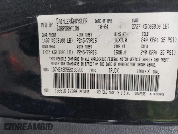 2005 Dodge Dakota SLT z VIN 1D7HE42K55S166266, wystawiony jako IAAI lot #42449608 z przebiegiem 192 728 mil mil oraz . Historia ofert i sprzedaży dostępna na DreamBid. Obrazek 9.