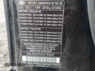 2013 Land Rover Range Rover Sport HSE Lux with VIN SALSK2D43DA783447, listed as a Copart auction lot 60730225 with Not provided miles and Salvage title. Bid and sale history available at DreamBid. Image 13.