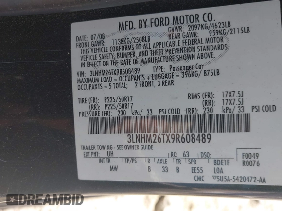 2009 Lincoln MKZ with VIN 3LNHM26TX9R608489, listed as a IAAI auction lot 41887476 with 158,075 mi miles and . Bid and sale history available at DreamBid. Image 9.