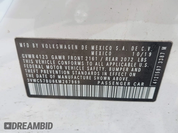 2019 Volkswagen Jetta S with VIN 3VWC57BU6KM267969, listed as a IAAI auction lot 42342206 with 77,029 mi miles and . Bid and sale history available at DreamBid. Image 9.