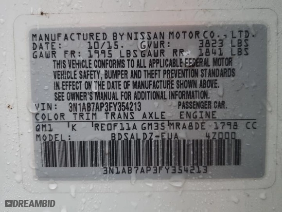 2015 Nissan Sentra SV with VIN 3N1AB7AP3FY354213, listed as a Copart auction lot 80415634 with 119,017 mi miles and Salvage Title. Bid and sale history available at carsss.com. Image 14.