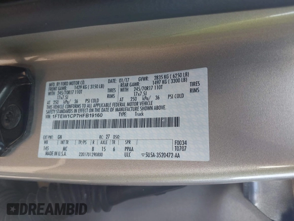 2017 Ford F-150 XL with VIN 1FTEW1CP7HFB19160, listed as a IAAI auction lot 41744027 with 111,794 mi miles. Bid and sale history available at carsss.com. Image 9.