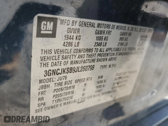 2018 Chevrolet Trax LS with VIN 3GNCJKSB9JL260798, listed as a Copart auction lot 51522785 with 44,651 mi miles and Salvage Title. Bid and sale history available at carsss.com. Image 15.