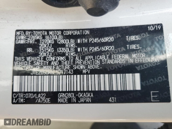 2020 Toyota 4Runner SR5 with VIN JTEZU5JR8L5217143, listed as a Copart auction lot 54227985 with Not provided miles and Salvage title. Bid and sale history available at DreamBid. Image 13.