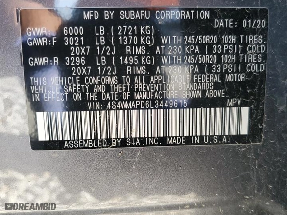 2020 Subaru Ascent Limited with VIN 4S4WMAPD6L3449615, listed as a Copart auction lot 51329153 with 0 mi miles. Bid and sale history available at carsss.com. Image 13.