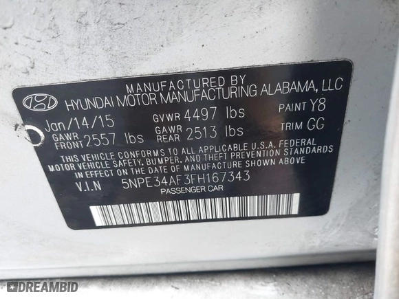 2015 Hyundai Sonata 2.4L Sport with VIN 5NPE34AF3FH167343, listed as a IAAI auction lot 41854584 with 82,853 mi miles. Bid and sale history available at carsss.com. Image 9.