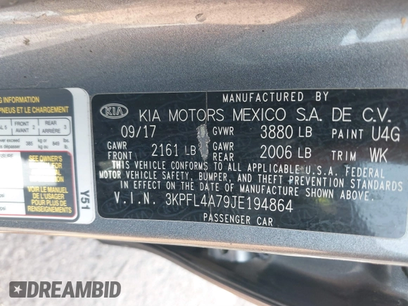 2018 Kia Forte LX with VIN 3KPFL4A79JE194864, listed as a IAAI auction lot 41657793 with 128,256 mi miles and . Bid and sale history available at DreamBid. Image 9.