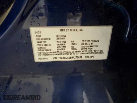 2024 Tesla Model Y Long Range с VIN 7SAYGDEE8RA270862, выставлен на аукционе Copart как лот 58099875 с пробегом 24 856 миль миль и На запчасти • Non repairable. История ставок и продаж доступна на DreamBid. Изображение 13.
