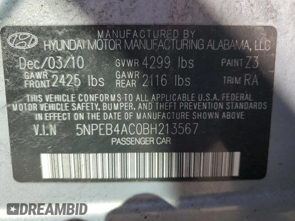 2011 Hyundai Sonata GLS with VIN 5NPEB4AC0BH213567, listed as a Copart auction lot 50211665 with 179,449 mi miles and Salvage Title. Bid and sale history available at DreamBid. Image 14.