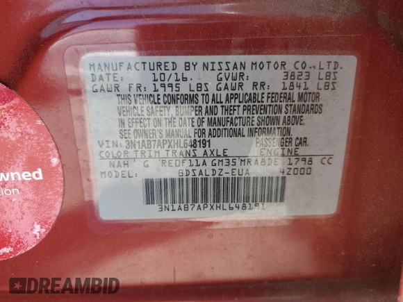 2017 Nissan Sentra SV z VIN 3N1AB7APXHL648191, wystawiony jako Copart lot #51051695 z przebiegiem Nie podano mil oraz Szkoda całkowita • Salvage title. Historia ofert i sprzedaży dostępna na DreamBid. Obrazek 12.
