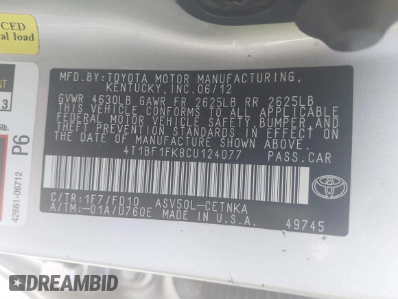 2012 Toyota Camry L with VIN 4T1BF1FK8CU124077, listed as a IAAI auction lot 41858808 with 123,444 mi miles. Bid and sale history available at carsss.com. Image 9.