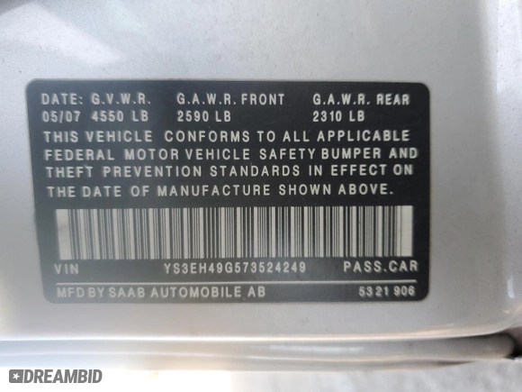 2007 Saab 9-5 Aero with VIN YS3EH49G573524249, listed as a Copart auction lot 48460205 with 168065 miles and Salvage Title. Bid and sale history available at carsss.com. Image 12.