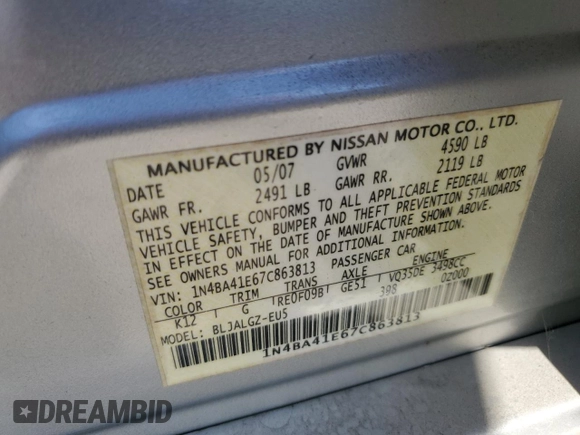 2007 Nissan Maxima SL with VIN 1N4BA41E67C863813, listed as a Copart auction lot 76988464 with 242,135 mi miles and Salvage Title. Bid and sale history available at DreamBid. Image 15.