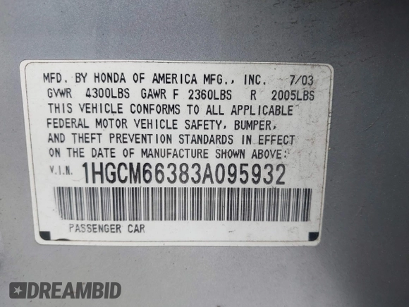 2003 Honda Accord LX with VIN 1HGCM66383A095932, listed as a IAAI auction lot 41957209 with 293,685 mi miles and . Bid and sale history available at DreamBid. Image 9.