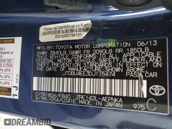 2013 Toyota Corolla L with VIN JTDBU4EE3DJ115474, listed as a Copart auction lot 51684185 with 57,426 mi miles and Salvage Title. Bid and sale history available at DreamBid. Image 14.