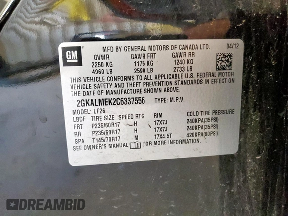 2012 GMC Terrain SLE-1 z VIN 2GKALMEK2C6337556, wystawiony jako Copart lot #55943715 z przebiegiem 113 893 mil mil oraz Czysty tytuł • Clean title. Historia ofert i sprzedaży dostępna na DreamBid. Obrazek 13.