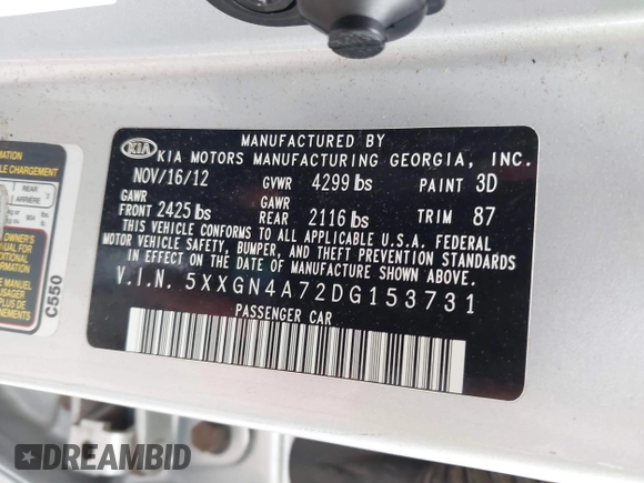 2013 Kia Optima EX with VIN 5XXGN4A72DG153731, listed as a IAAI auction lot 42079123 with 137,081 mi miles. Bid and sale history available at carsss.com. Image 9.