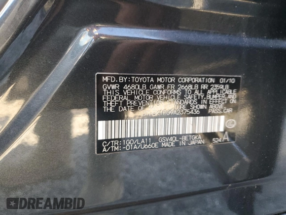 2010 Lexus ES 330 with VIN JTHBK1EG9A2375436, listed as a Copart auction lot 76818974 with 61,629 mi miles and Salvage Title. Bid and sale history available at DreamBid. Image 12.