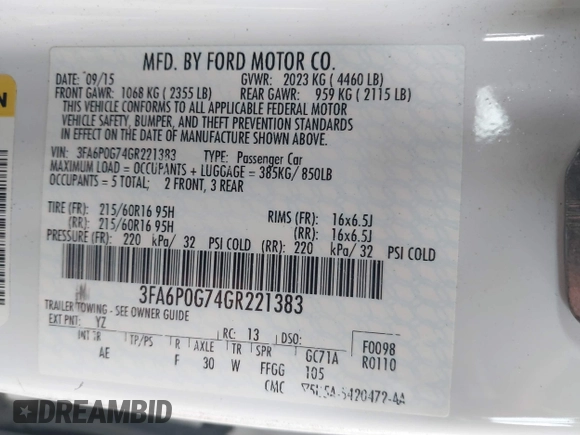 2016 Ford Fusion S with VIN 3FA6P0G74GR221383, listed as a IAAI auction lot 42442456 with 109,144 mi miles and . Bid and sale history available at DreamBid. Image 9.