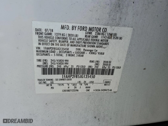 2018 Ford Taurus Limited with VIN 1FAHP2F85JG135450, listed as a Copart auction lot 43906255 with 64157 miles and Salvage Title. Bid and sale history available at carsss.com. Image 12.
