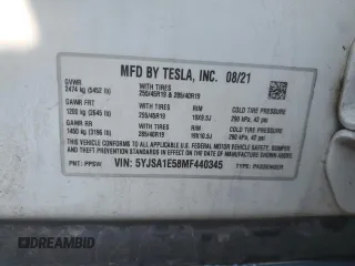 2021 Tesla Model S Long Range with VIN 5YJSA1E58MF440345, listed as a Copart auction lot 60188245 with Not provided miles and Salvage title. Bid and sale history available at DreamBid. Image 12.