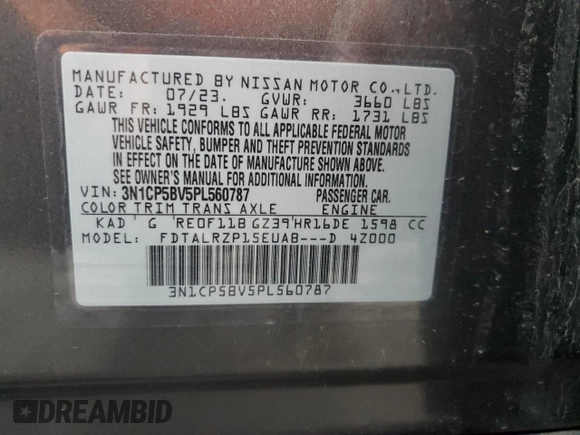 2023 Nissan Kicks S with VIN 3N1CP5BV5PL560787, listed as a Copart auction lot 88968875 with 32,587 mi miles and Salvage Title. Bid and sale history available at carsss.com. Image 13.