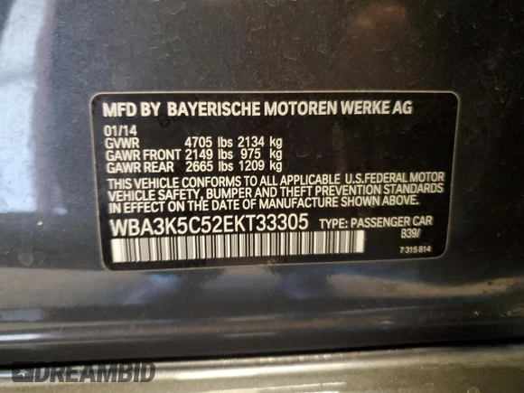 2014 BMW 3 Series 328d xDrive with VIN WBA3K5C52EKT33305, listed as a Copart auction lot 60558625 with Not provided miles and Salvage title. Bid and sale history available at DreamBid. Image 12.