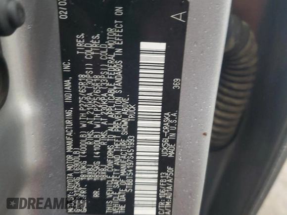 2007 Toyota Tundra SR5 with VIN 5TBBT54197S451993, listed as a Copart auction lot 57887565 with 284,398 mi miles and Salvage title. Bid and sale history available at DreamBid. Image 12.