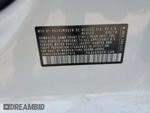 2019 Volkswagen Jetta SEL with VIN 3VWE57BU9KM047413, listed as a Copart auction lot 57221625 with 127,556 mi miles and Salvage title. Bid and sale history available at DreamBid. Image 12.