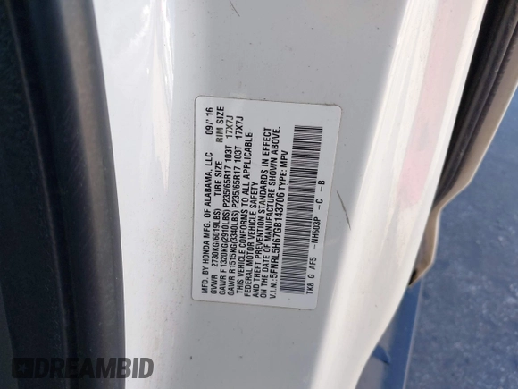 2016 Honda Odyssey EX-L with VIN 5FNRL5H67GB143706, listed as a IAAI auction lot 41736247 with 194,484 mi miles and . Bid and sale history available at DreamBid. Image 9.
