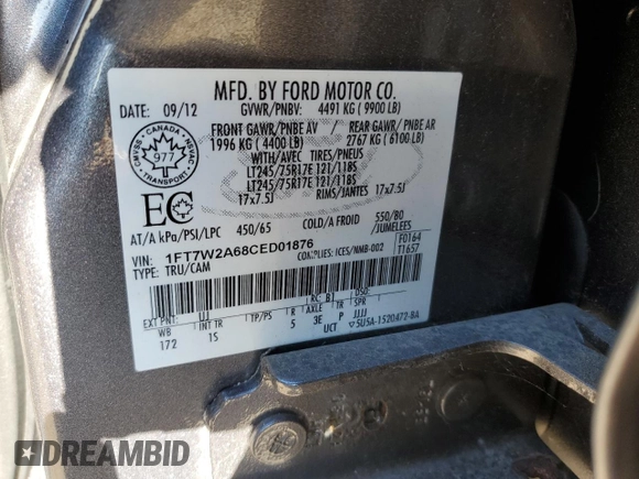 2012 Ford F-250 XL with VIN 1FT7W2A68CED01876, listed as a Copart auction lot 79629364 with 114,793 mi miles and Salvage title. Bid and sale history available at DreamBid. Image 12.